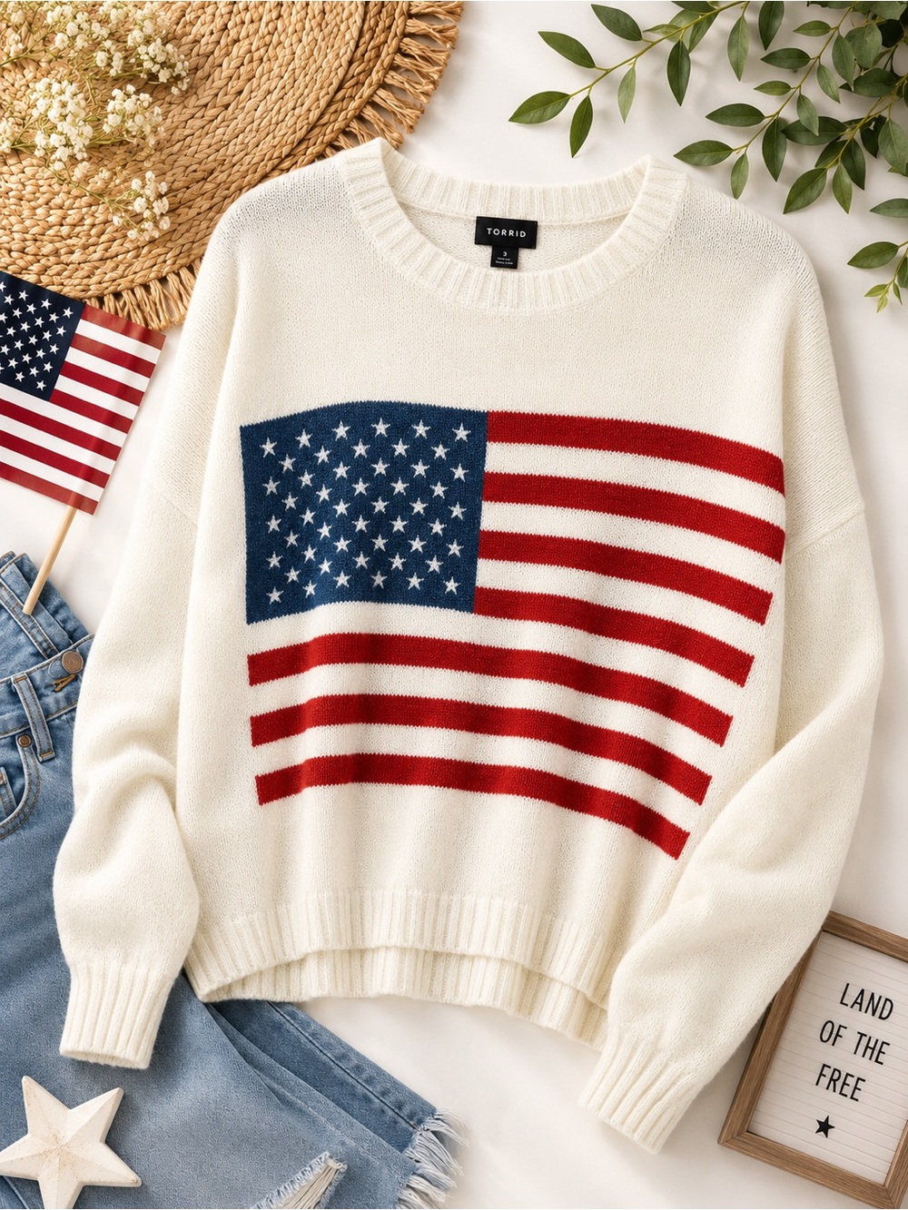 torrid Cream Crewneck Sweater with Red & Blue Flag Motif